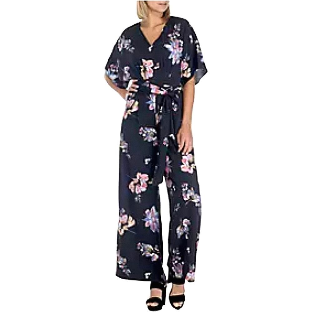 NWT Kaari Blue Floral Short Kimono Sleeve V-Neck Jumpsuit, Size 4, Navy/Pink/Wht